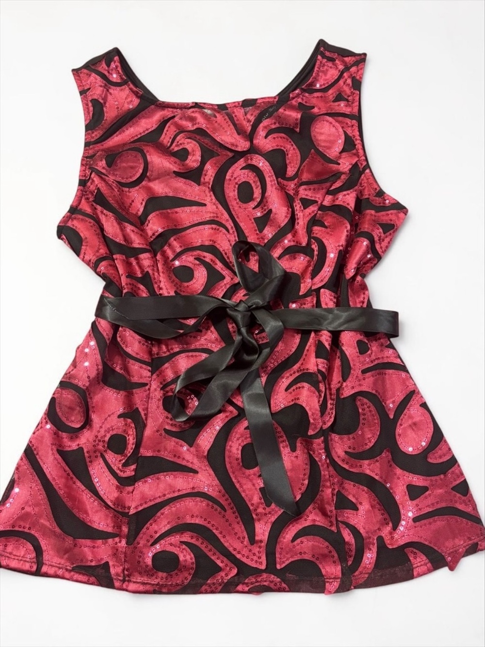 Red Black Sequin Mesh Swirl Sleeveless Top Empire Waist Bow M Y2K Party Glam